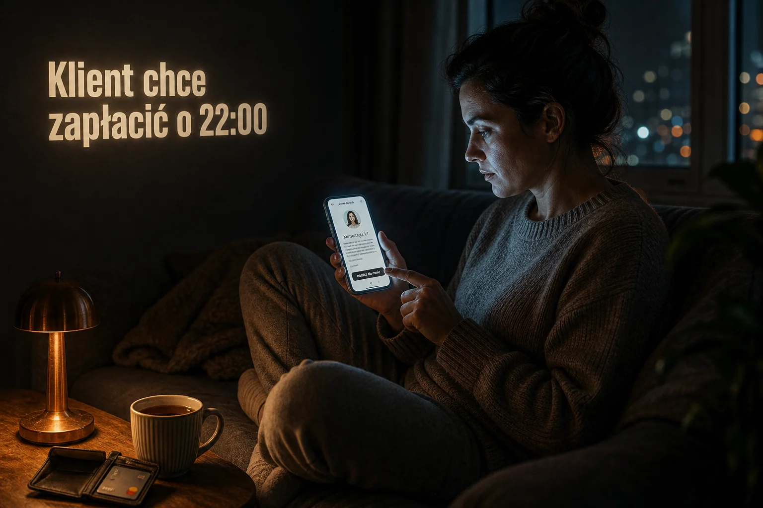 Kobieta na kanapie o 22:00 z telefonem, na ekranie strona specjalisty z „napisz do mnie” zamiast przycisku płatności; na ścianie świecący napis „Klient chce zapłacić o 22:00”