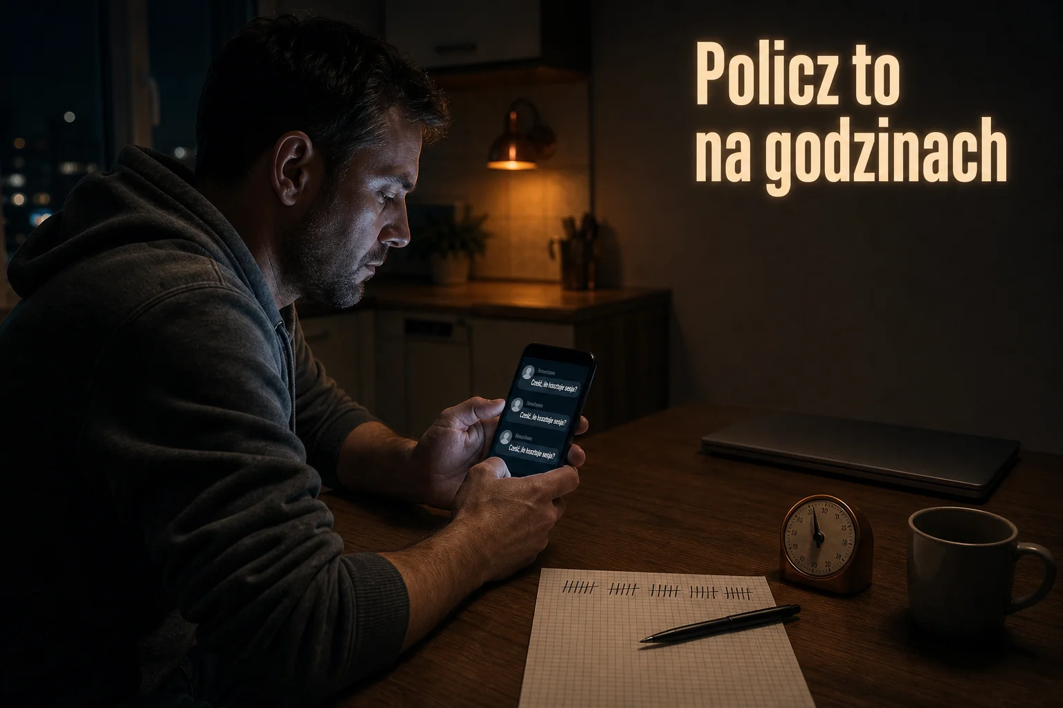 Trener przy kuchennym stole wieczorem patrzy w telefon: trzy r�ne osoby przys�a�y to samo pytanie �Cze��, ile kosztuje sesja?.