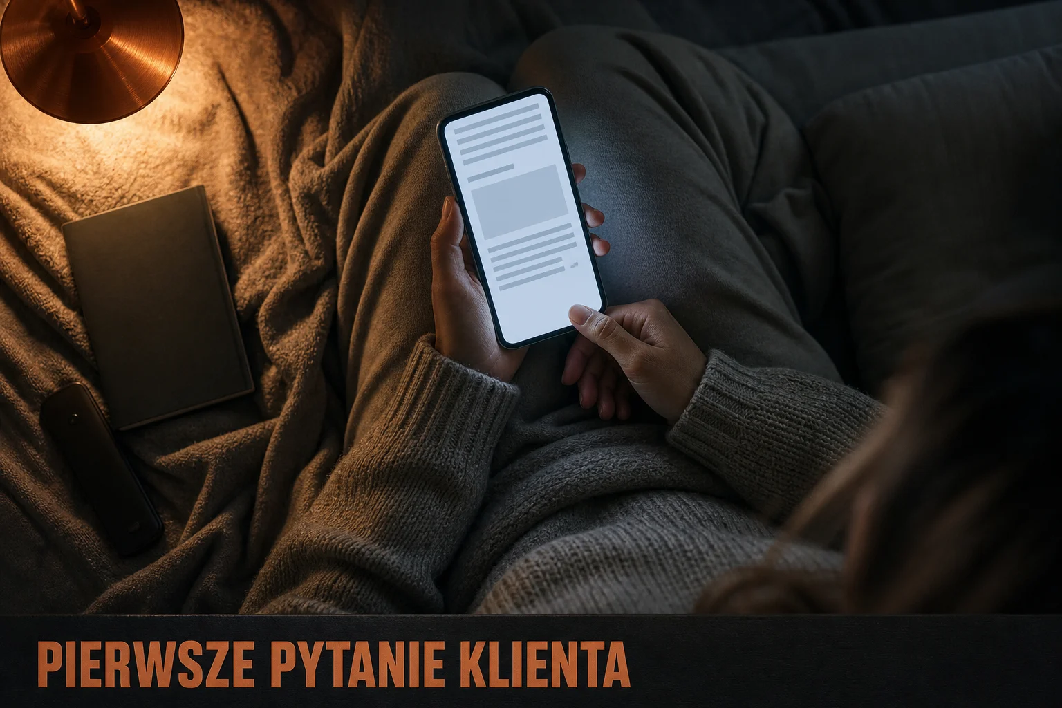 Kadr z góry na kolana i dłonie kobiety siedzącej wieczorem na kanapie pod kocem; w jednej dłoni telefon z otwartą stroną, na której widać wyłącznie szare paski tekstu, bez jednego czytelnego słowa, obok zamknięty zeszyt i pilot, a u dołu na ciemnej belce miedziany napis „PIERWSZE PYTANIE KLIENTA"