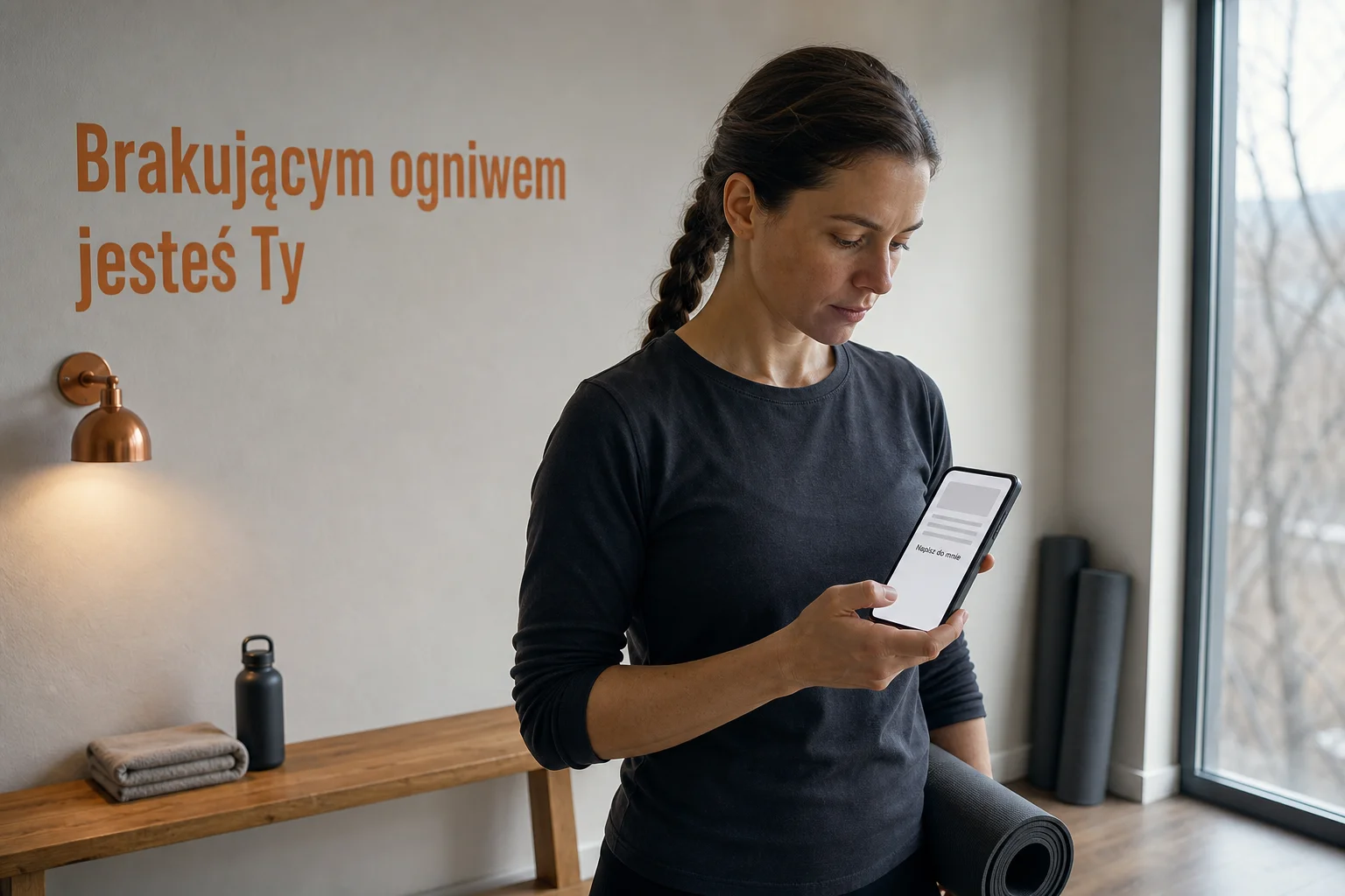 Kobieta około trzydziestu pięciu lat stoi rano w swojej pracowni, w ciemnym topie z długim rękawem, z włosami w warkoczu, i trzyma pod lewym ramieniem zwiniętą matę. Prawą rękę z telefonem trzyma zgiętą przy sobie i patrzy w ekran odchylony ku niej; widz widzi ten ekran pod kątem, a na nim jej własną stronę przewiniętą do końca: szary prostokąt w miejscu zdjęcia, pod nim kilka szarych pasków w miejscu tekstu, niżej jedno czytelne zdanie „Napisz do mnie", a pod tym zdaniem pusta biała strona bez przycisku. Po lewej jasna ściana z zapaloną miedzianą lampką i drewniana ławka ze złożonym ręcznikiem i butelką na wodę, po prawej wysokie okno z bladym porannym światłem. Na ścianie miedziane litery „Brakującym ogniwem jesteś Ty"