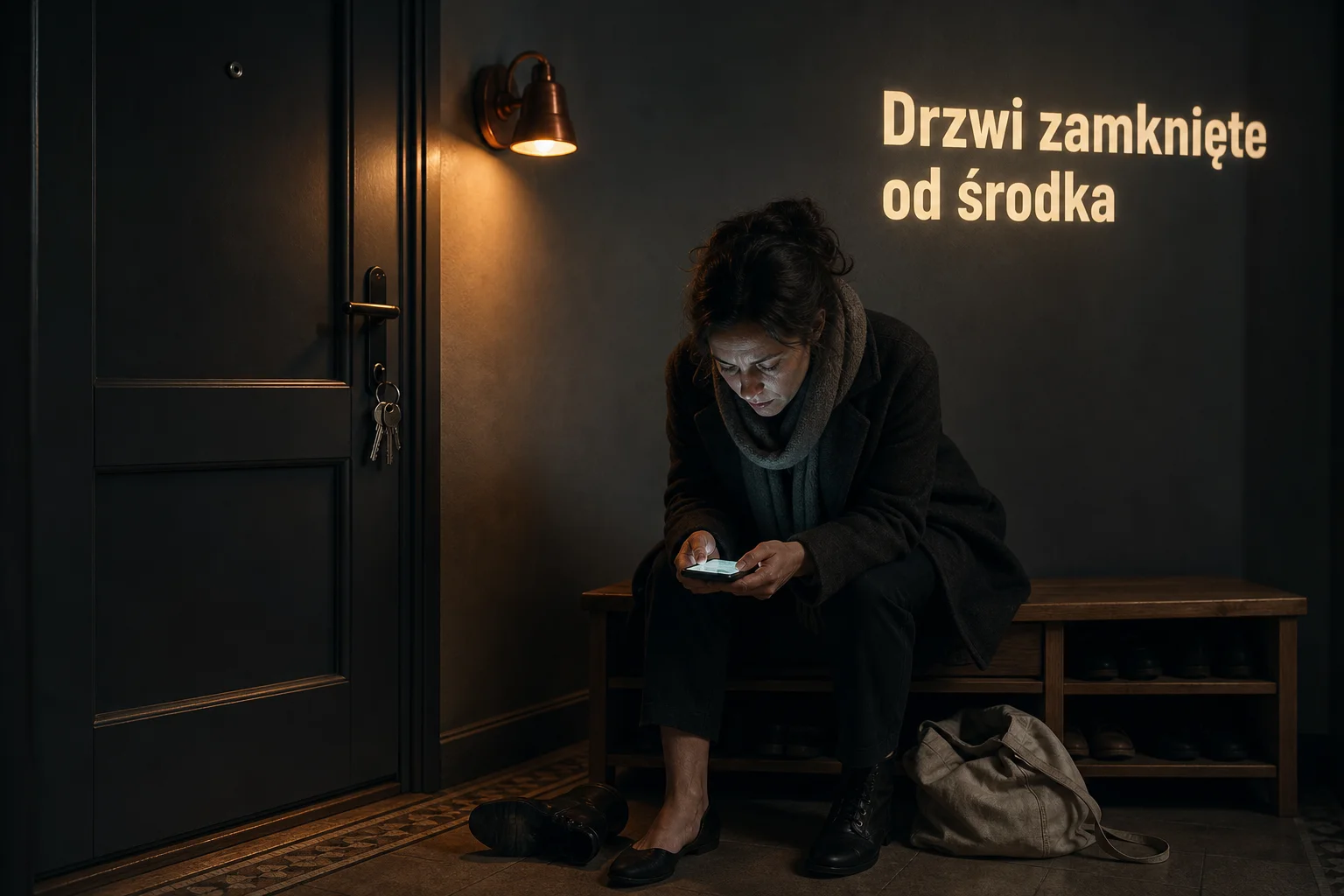 Kobieta w rozpiętym płaszczu siedzi nocą na ławce w ciemnym przedpokoju i patrzy w telefon; w zamku drzwi wejściowych od środka tkwią klucze. Na ścianie napis: Drzwi zamknięte od środka