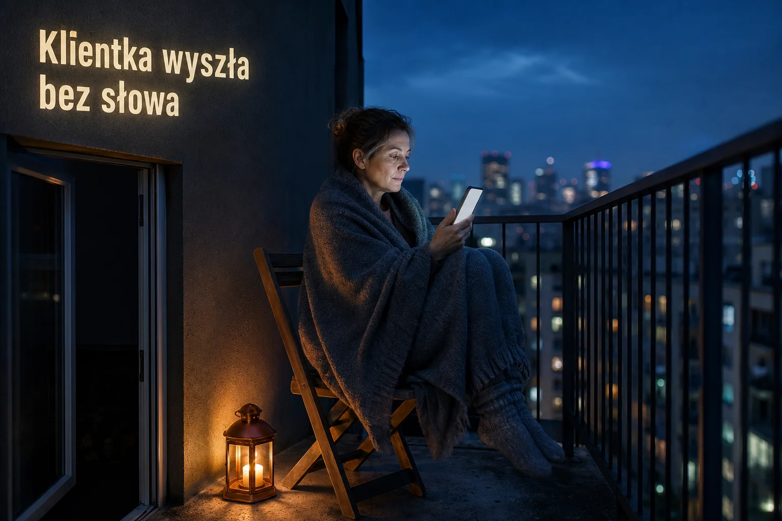 Kobieta owinięta szarym kocem siedzi o zmierzchu na składanym krześle na balkonie w bloku i patrzy w telefon. Obok stoi miedziana latarenka ze świecą, za balustradą świecą okna miasta. Na ścianie napis: Klientka wyszła bez słowa.