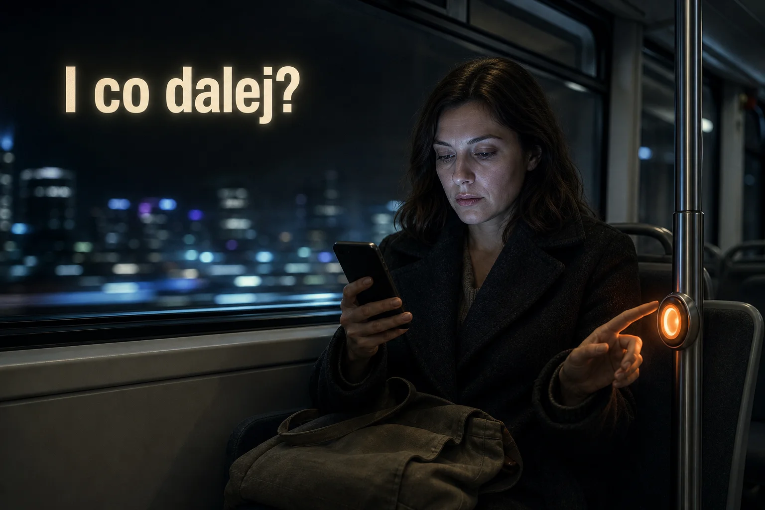 Kobieta w ciemnym płaszczu siedzi wieczorem w tramwaju i patrzy na koniec strony w telefonie, palcem sięga do świecącego miedzianego przycisku na poręczy; na szybie napis „I co dalej?”