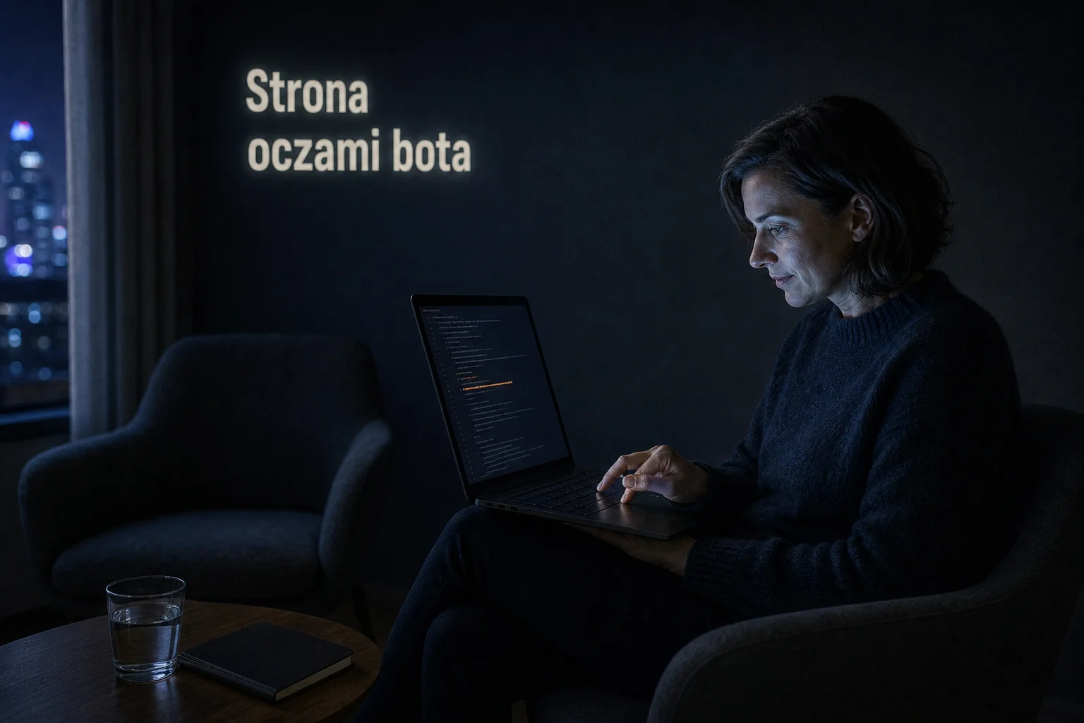 Specjalistka wieczorem w gabinecie ogląda kod swojej strony na laptopie