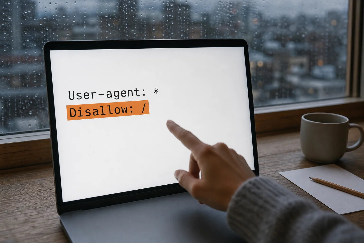 Ekran laptopa z plikiem robots.txt: dwie linie, które zamykają stronę przed botami