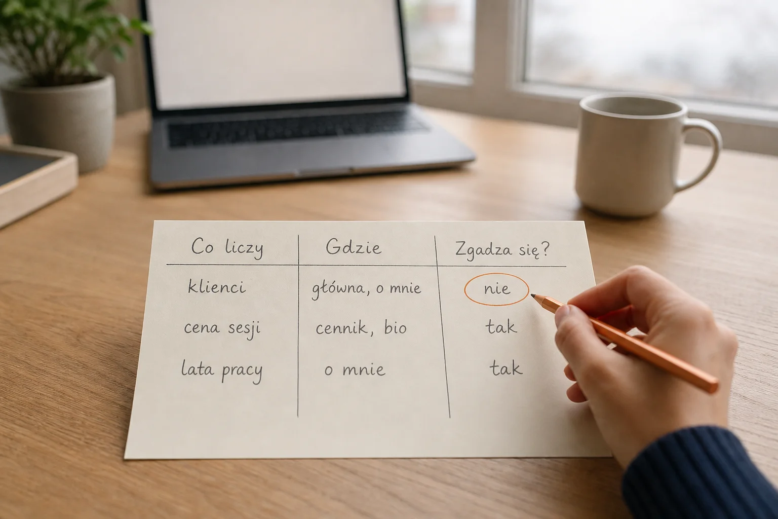 Na biurku w dziennym świetle leży kartka z odręczną tabelą „Co liczy / Gdzie / Zgadza się?”, a dłoń obwodzi miedzianą kredką słowo „nie” przy „klienci”.
