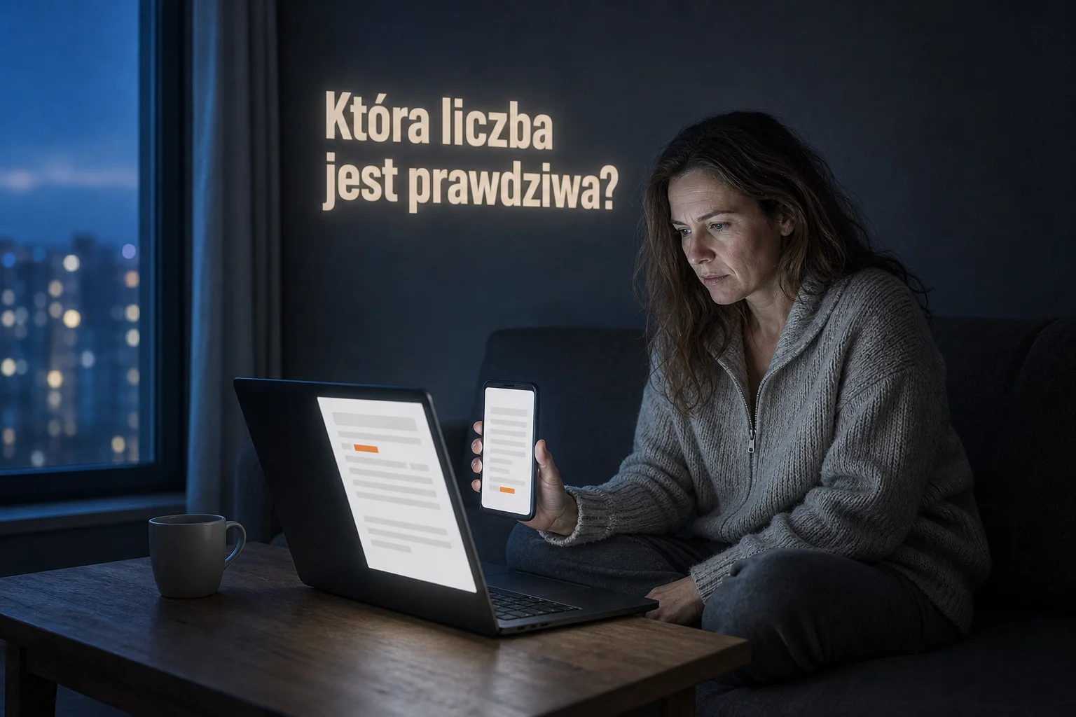 Przyszła klientka siedzi rano na kanapie, trzyma telefon obok ekranu laptopa i porównuje dwie miedziane plamki w różnych miejscach strony; na ścianie napis „Która liczba jest prawdziwa?”.