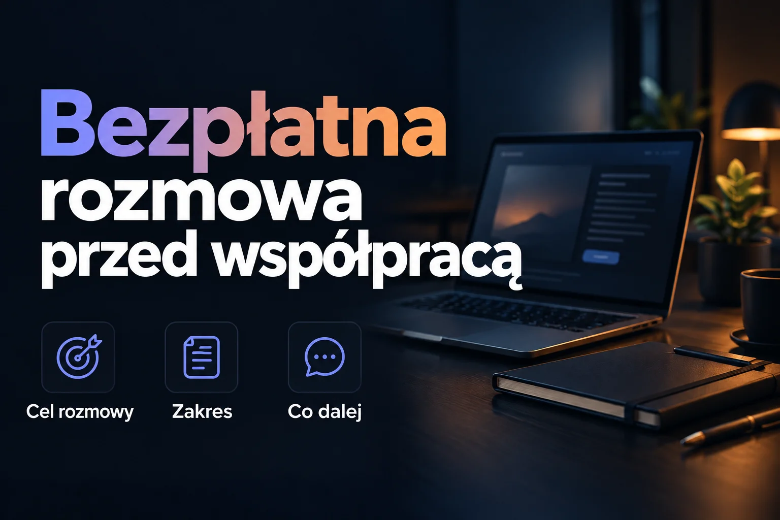 Ciemna okładka z laptopem i zamkniętym notesem na biurku. Nagłówek „Bezpłatna rozmowa przed współpracą” oraz etykiety „Cel rozmowy”, „Zakres”, „Co dalej”.