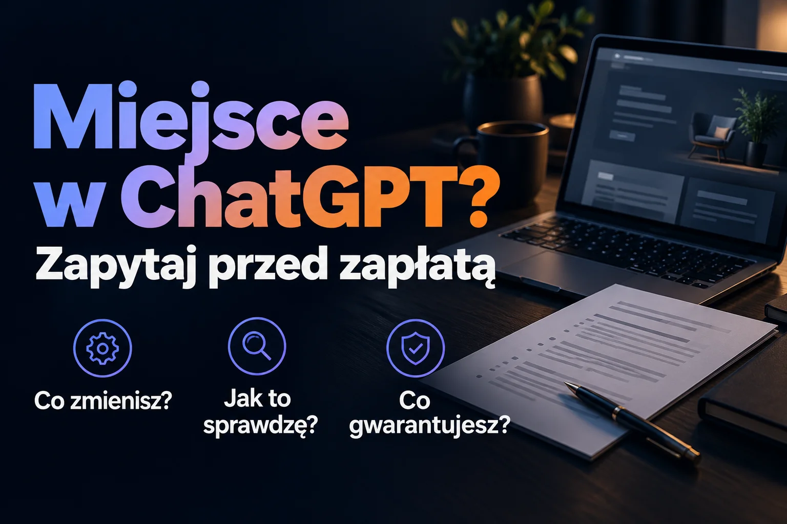 Ciemna okładka z laptopem i dokumentem na biurku. Nagłówek „Miejsce w ChatGPT? Zapytaj przed zapłatą” oraz pytania „Co zmienisz?”, „Jak to sprawdzę?”, „Co gwarantujesz?”.
