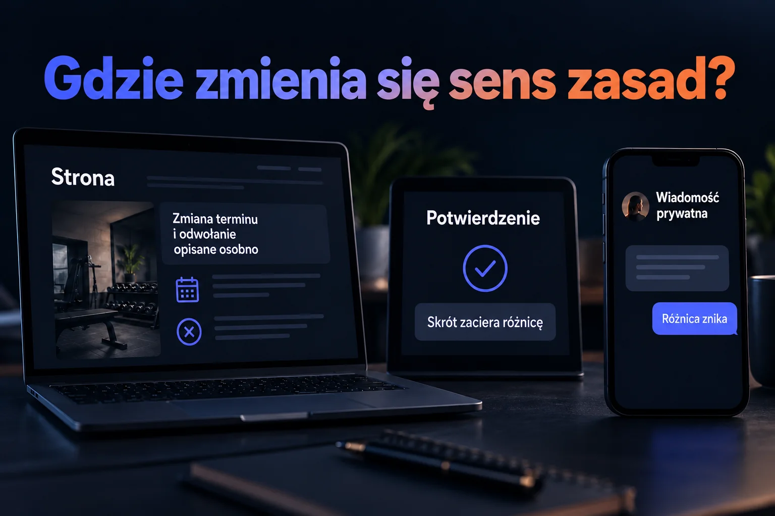 Porównanie z przykładu trenerki: strona opisuje zmianę terminu i odwołanie osobno, skrót w potwierdzeniu zaciera różnicę, a wiadomość prywatna ją pomija.