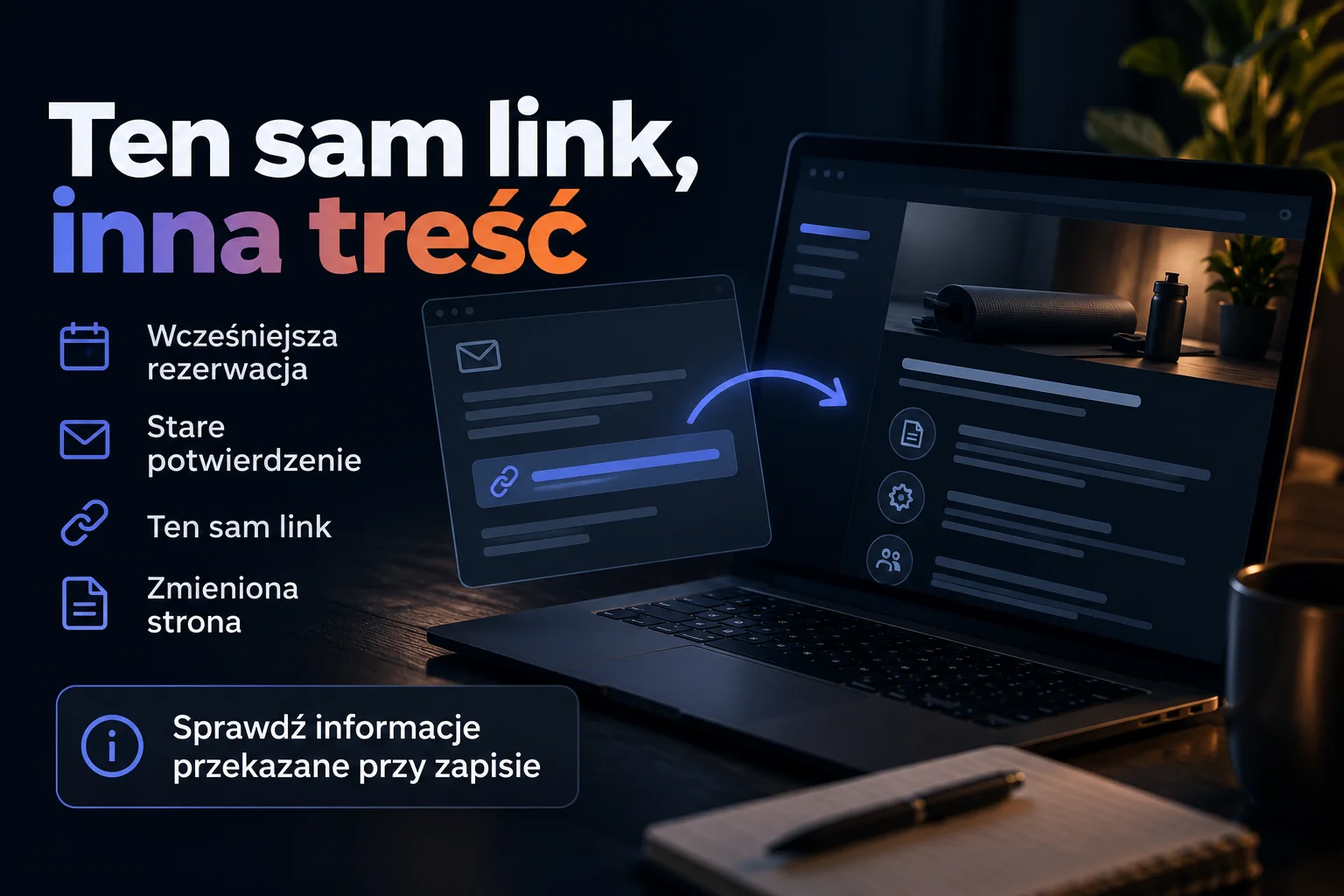 Stare potwierdzenie wcześniejszej rezerwacji prowadzi przez ten sam link do zmienionej strony. Wskazówka: sprawdź informacje przekazane przy zapisie.