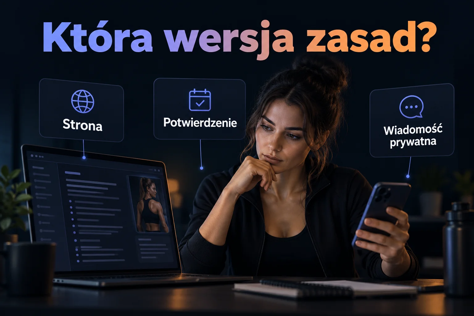 Okładka z pytaniem „Która wersja zasad?” i trzema miejscami przekazywania informacji: stroną, potwierdzeniem i wiadomością prywatną. Trenerka porównuje laptop i telefon.