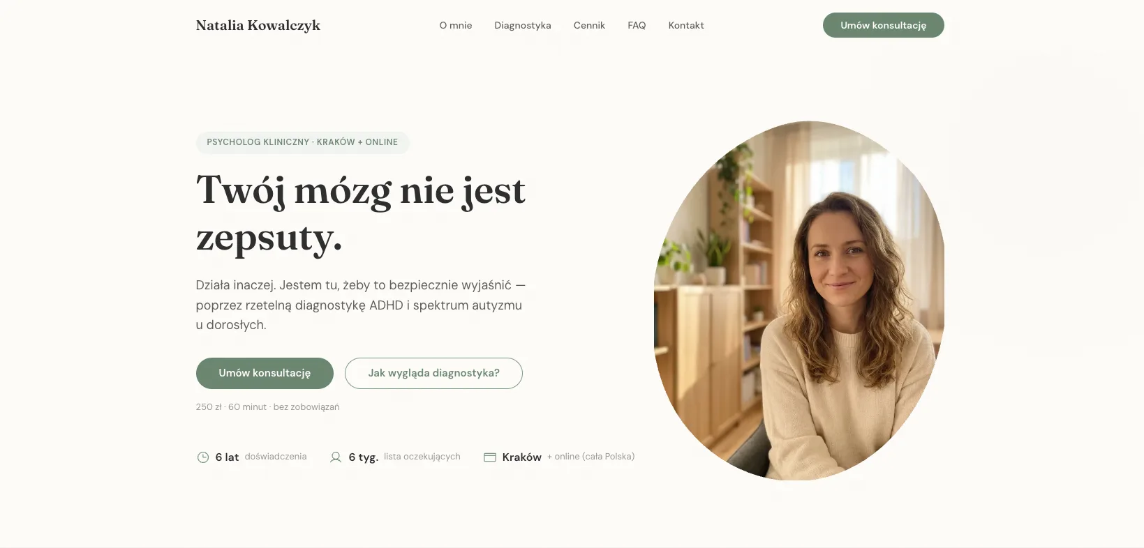 Screenshot strony psychologa. Jasny, delikatny design. Stonowane kolory, dużo białej przestrzeni. Sekcja z pakietami i formularzem rezerwacji.